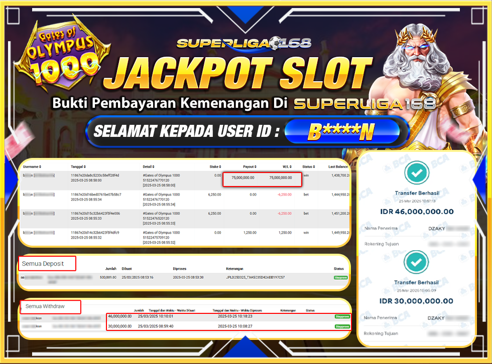 SUPERLIGA168 JACKPOT GATES OF OLYMPUS 1000  Rp.76.000.000,- LUNAS